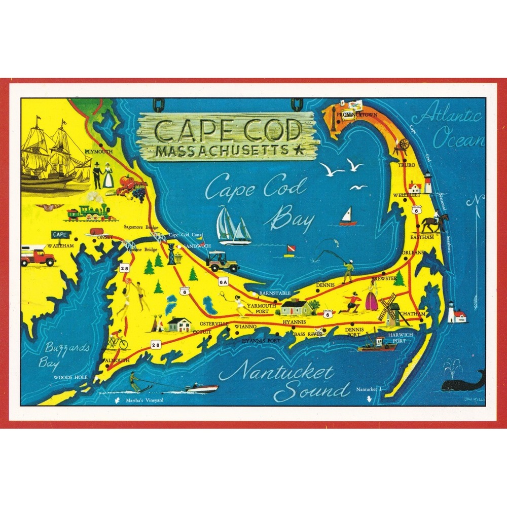 Vintage Cape Cod Massachusetts Map Postcard Coastal Nautical Travel Unposted